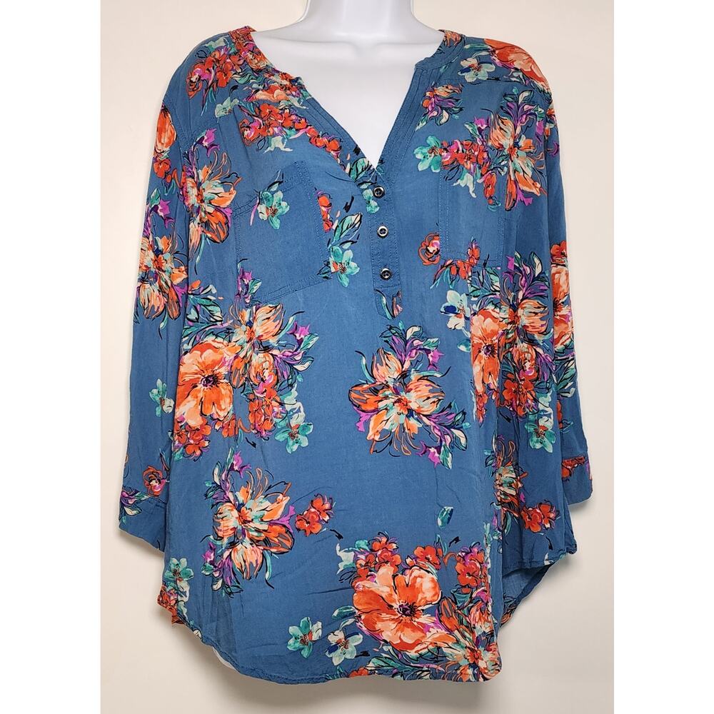 Torrid Harper Floral Blouse Size‎ 2 Blue Boho Peasant 3/4 Sleeve Top